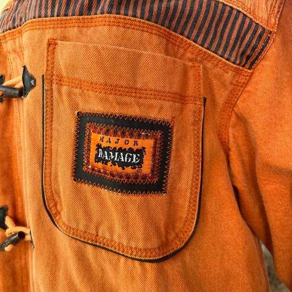 Major Damage Patchwork Drawstring Denim Coat, Mens XXL - Orange/Blk, 90s Vintage - Picture 12 of 12